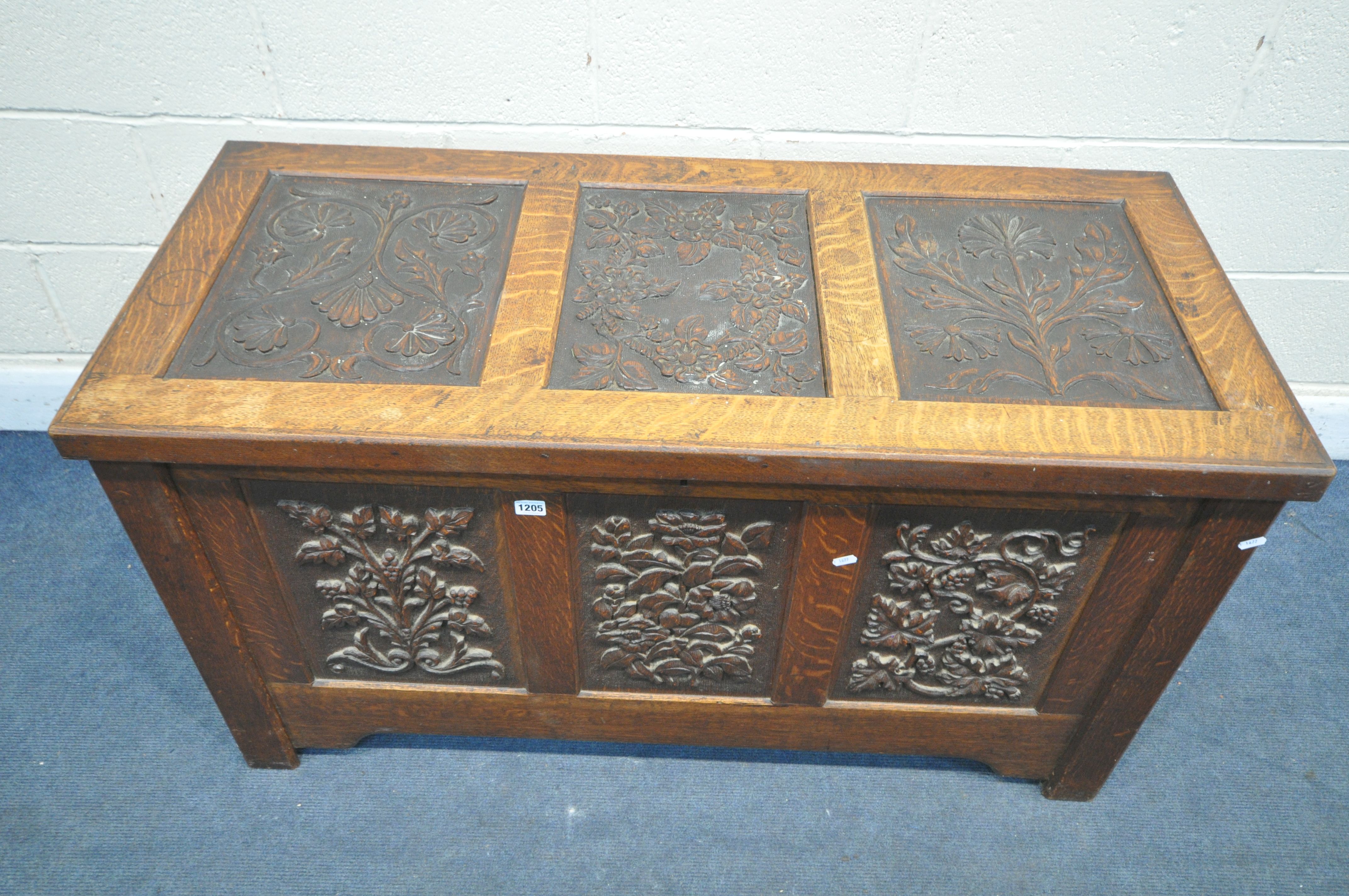 AN EARLY 20TH CENTURY OAK COFFER, decorated with nine foliate carved panels, width 122cm x depth - Image 2 of 6