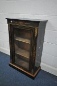 A 19TH CENTURY EBONISED AND INLAID FRENCH PIER CABINET, with single glazed door enclosing two