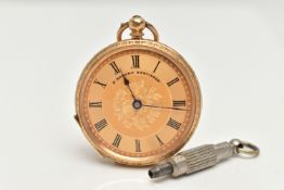 A YELLOW METAL OPEN FACE POCKET WATCH, key wound, round gold floral detailed dial, signed 'F.