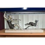 A FRENCH ART DECO SCULPTURE, depicting a female figure possibly Diana and a running deer, mounted on