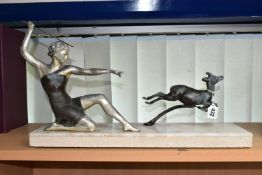 A FRENCH ART DECO SCULPTURE, depicting a female figure possibly Diana and a running deer, mounted on