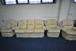 A FLORAL GOLD UPHOLSTERED FOUR PIECE LOUNGE SUITE, comprising a three seater settee, 204cm, and