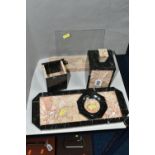 FOUR VARIEGATED MARBLE DESK ITEMS AND A FRENCH ART DECO PHOTOGRAPH FRAME, the desk items