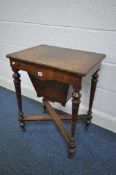 A LATE VICTORIAN BURR WALNUT WORK TABLE, on turned legs united by a cross stretcher, containing