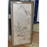 A LARGE CHINESE SILK PANEL HOUSED IN A PERSPEX FRAME, depicting a landscape with buildings to the