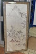 A LARGE CHINESE SILK PANEL HOUSED IN A PERSPEX FRAME, depicting a landscape with buildings to the