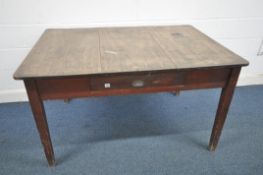 AN EARLY 20TH CENTURY MAHOGANY TABLE, with a single drawer, opposing wire pole, length 144cm x depth