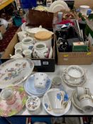 TWO BOXES AND LOOSE CERAMICS, CAMERA, HANDBAG AND SUNDRY ITEMS, to include a Shelley 'Charm' trio, a