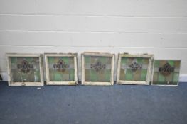 FIVE LEAD COLOURED GLASS WINDOWS, window measurements minus frame, 44cm squared (condition