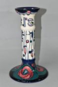 A MOORCROFT CANDLESTICK DESIGNED BY RACHEL BISHOP, decorated in the 'Tribute To Charles Rennie