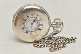 A SILVER HALF HUNTER POCKET WATCH AND AN ALBERT CHAIN, manual wind, round white dial, Roman