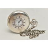 A SILVER HALF HUNTER POCKET WATCH AND AN ALBERT CHAIN, manual wind, round white dial, Roman