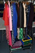THREE BOXES AND ONE RAIL OF LADIES CLOTHING AND ACCESSORIES, to include; dresses, jackets, gloves,