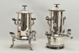 TWO SILVER PLATE SAMOVAR, the first a samovar decorated with four acanthus leaf and carved ebony