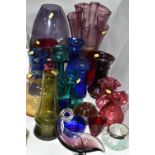 A GROUP OF COLOURED ART GLASS, comprising an amber coloured Dartington Crystal Clematis pattern