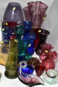 A GROUP OF COLOURED ART GLASS, comprising an amber coloured Dartington Crystal Clematis pattern