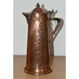 AN ART NOUVEAU COPPER JUG BY JOSEPH SANKEY & SONS, of covered tapering form, with stylised Art