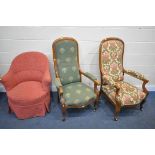 TWO 19TH CENTURY WALNUT HIGH BACK ARMCHAIRS, and a bedroom chair (condition report: -one with a