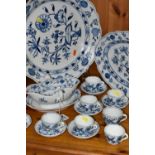 A GROUP OF MEISSEN BLUE AND WHITE ONION PATTERN TEAWARE AND SERVING PLATTERS, comprising an integral