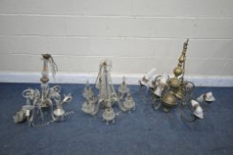THREE VARIOUS CHANDELIERS, comprising a glass rope five branch chandelier, a six branch glass