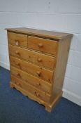 A PINE CHEST OF TWO SHORT AND FOUR LONG DRAWERS, width 90cm x depth 44cm x height 107cm (condition