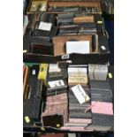 A WOODEN TRAY AND THREE BOXES OF MAGIC LANTERN SLIDES AND A SMALL QUANTITY OF 20TH CENTURY