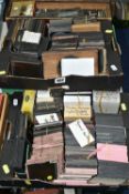 A WOODEN TRAY AND THREE BOXES OF MAGIC LANTERN SLIDES AND A SMALL QUANTITY OF 20TH CENTURY