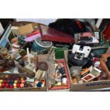 FOUR BOXES OF MISCELLANEOUS SUNDRIES, to include vintage Christmas ornaments, a set of snooker