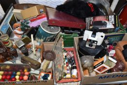 FOUR BOXES OF MISCELLANEOUS SUNDRIES, to include vintage Christmas ornaments, a set of snooker