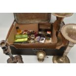 A BOX OF ASSORTED ITEMS, to include a small assortment of costume jewellery, assorted white metal