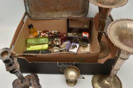A BOX OF ASSORTED ITEMS, to include a small assortment of costume jewellery, assorted white metal