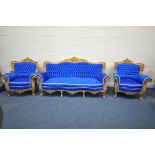 A 19TH CENTURY LOUIS XV FRENCH STYLE GILTWOOD THREE PIECE SUITE, with buttoned fabric, foliate