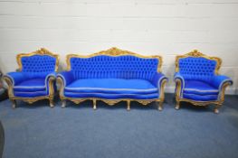 A 19TH CENTURY LOUIS XV FRENCH STYLE GILTWOOD THREE PIECE SUITE, with buttoned fabric, foliate