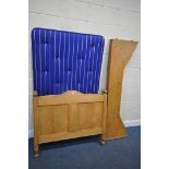 A 19TH CENTURY PINE BED FRAME, width 42 inches, and a blue mattress (condition report: -mattress