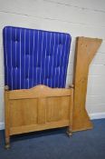 A 19TH CENTURY PINE BED FRAME, width 42 inches, and a blue mattress (condition report: -mattress