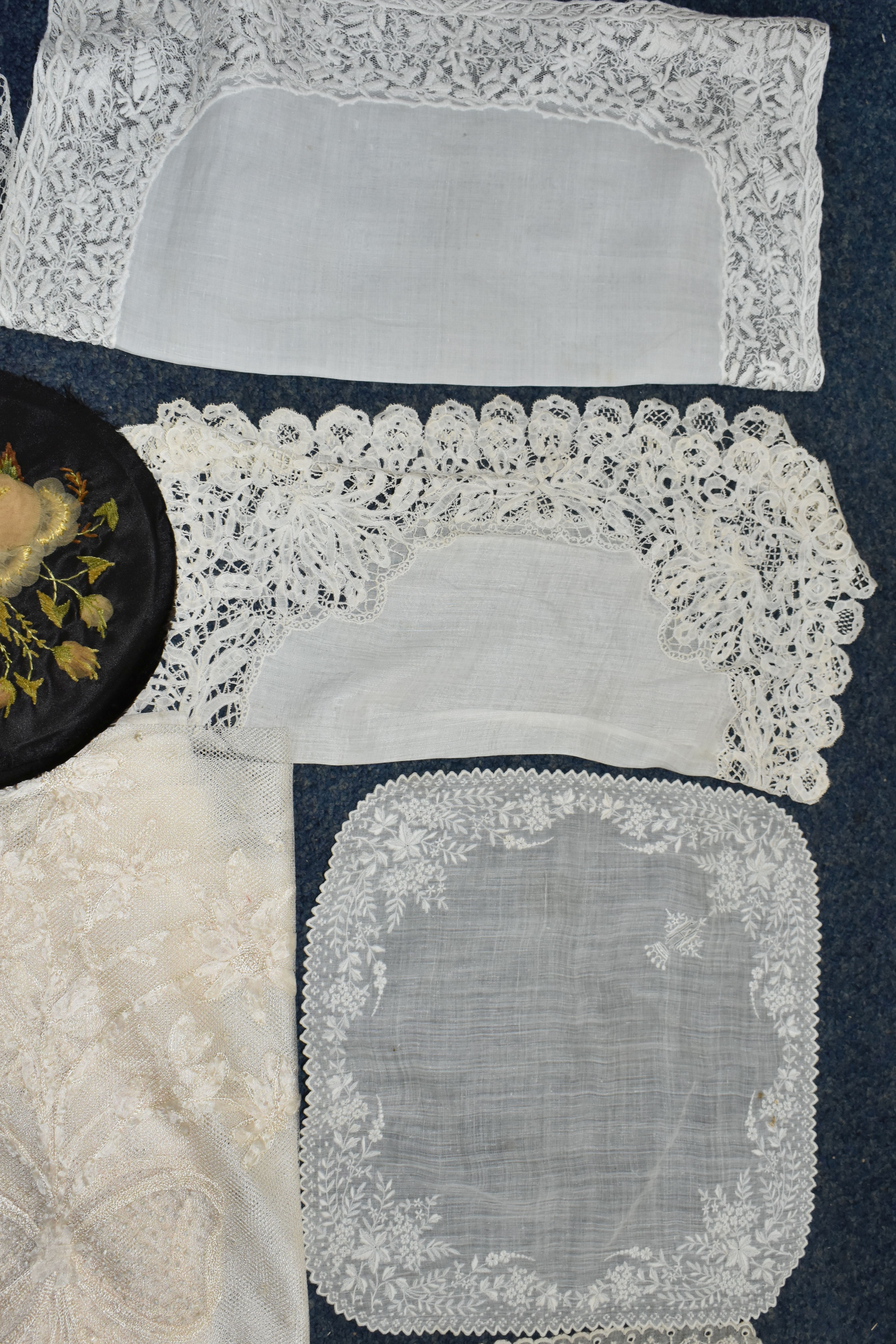 A BOX OF ASSORTED VICTORIAN TEXTILES, including a cream silk and lace shawl, a Normandy lace mat, - Image 5 of 10