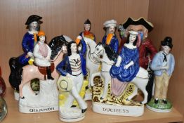 EIGHT REPRODUCTION STAFFORSDHIRE POTTERY FIGURES AND A TOBY JUG, the figures comprising '