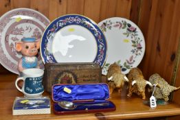 A GROUP OF CERAMICS, STAMPS AND A VINTAGE TIN, comprising a hinged W & R Jacob & Co. Ltd. biscuit