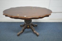 A VICTORIAN AND LATER MAHOGANY LOO TABLE, the later top on single carved pedestal and four carved