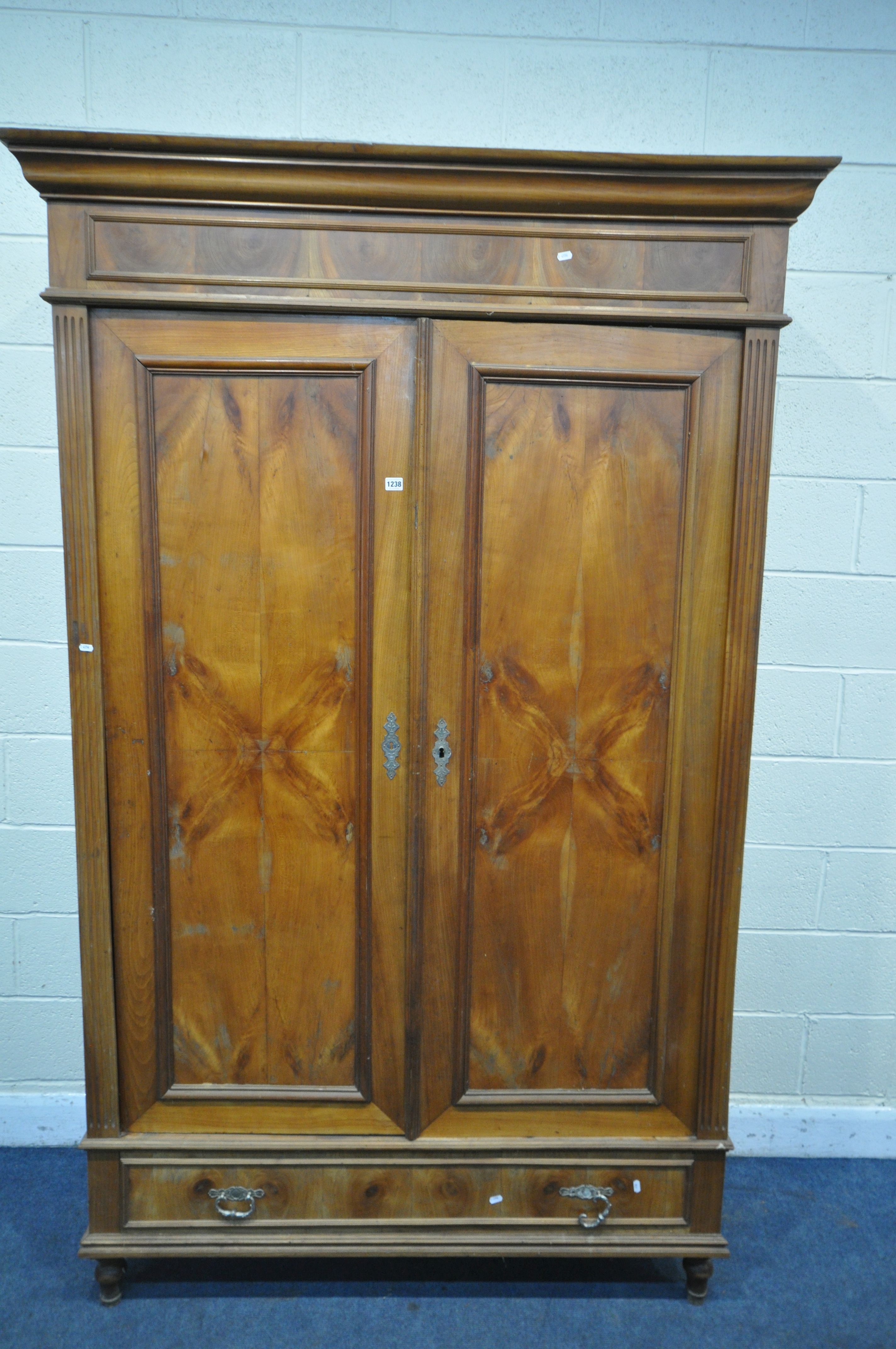 A 19TH CENTURY WALNUT PANELLED TWO DOOR ARMOIRE, with a single drawer, width 141cm x depth 56cm x - Image 2 of 4