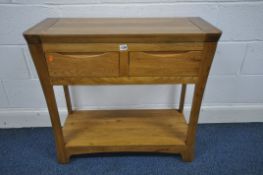 A LIGHT OAK SIDE TABLE, with two drawers, and undershelf, width 85cm x depth 35cm x height 78cm (