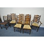A SET OF SIX OAK LADDERBACK CHAIRS, with drop in seat pads, and two other ladderback chairs (