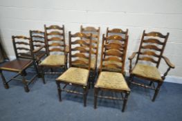 A SET OF SIX OAK LADDERBACK CHAIRS, with drop in seat pads, and two other ladderback chairs (