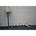 A SELECTION OF LIGHTING, to include a mahogany standard lamp, five various table lamps, all with