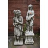 A WEATHERED COMPOSITE GARDEN FIGURE OF LADY IN FLOWING ROBES, on a separate plinth base, height