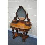 A LATE VICTORIAN WALNUT DUCHESS DRESSING TABLE, with a single oval mirror and three drawers, width