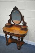 A LATE VICTORIAN WALNUT DUCHESS DRESSING TABLE, with a single oval mirror and three drawers, width
