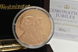 A BOXED THE JERSEY 2013 CORONATION JUBILEE GOLD FIVE POUND COIN, double portrait by David Cornell,