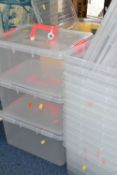 A QUANTITY OF PLASTIC STORAGE BOXES, comprising fifteen 36cm x 28cm boxes and thirteen lids, three