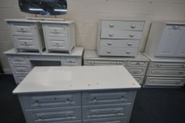 A SELECTION OF WHITE BEDROOM FURNITURE, of various styles, to include chest of drawers, dressing